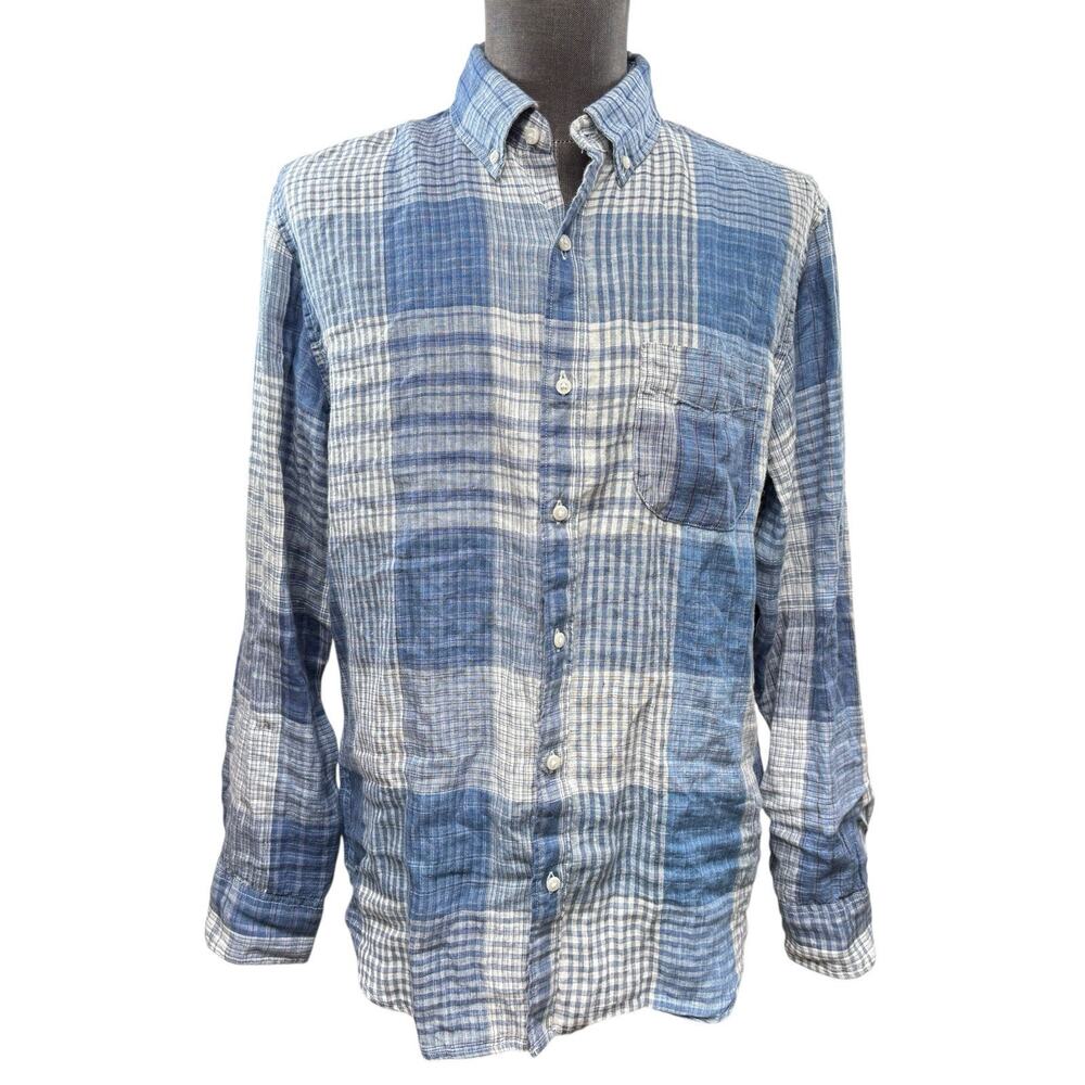 J Crew 100% Linen Slim Blue Plaid Patchwork long sleeve Button Down Size‎ L